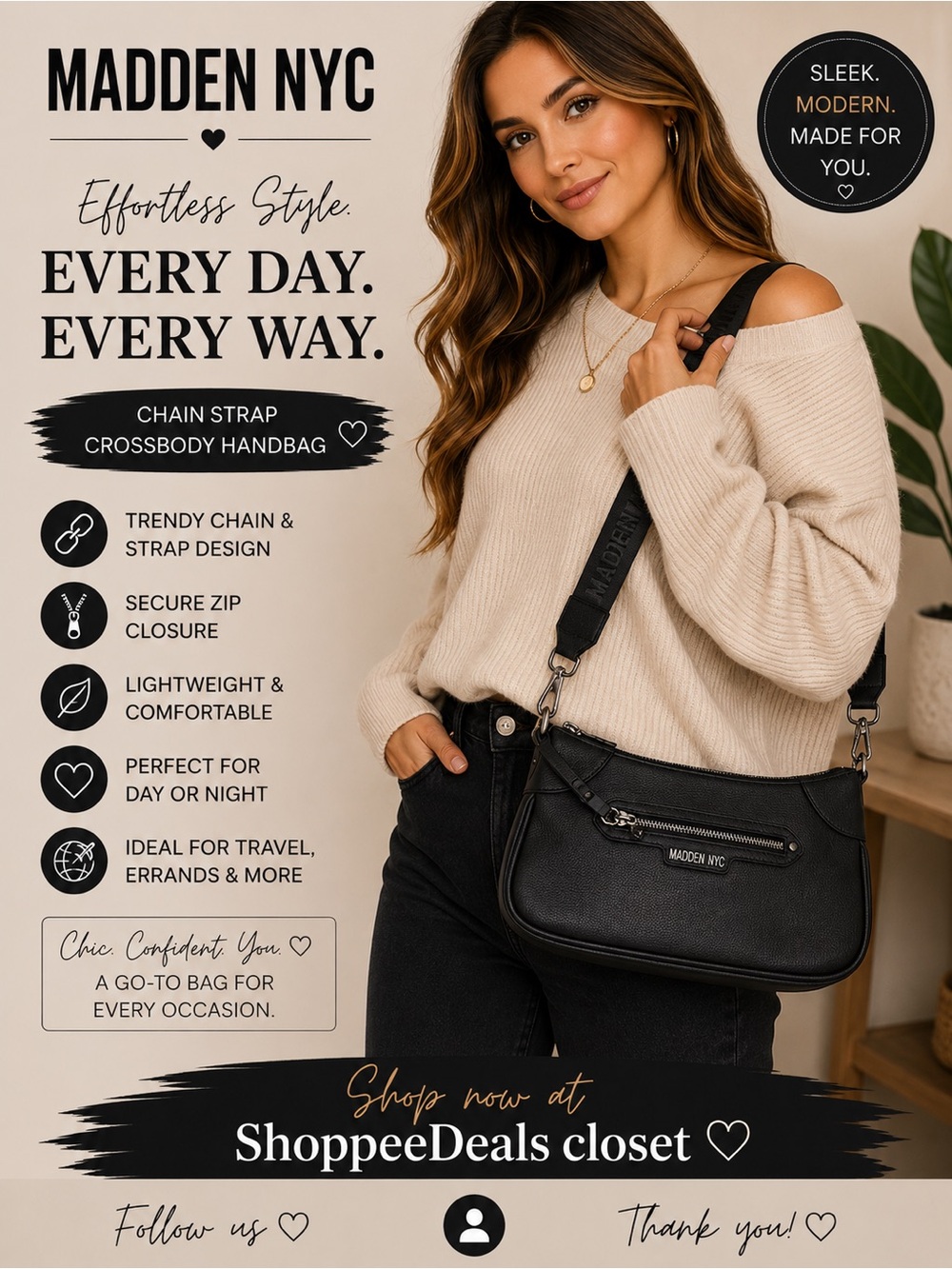 Madden NYC Women’s Chain Strap Crossbody Handbag – Black